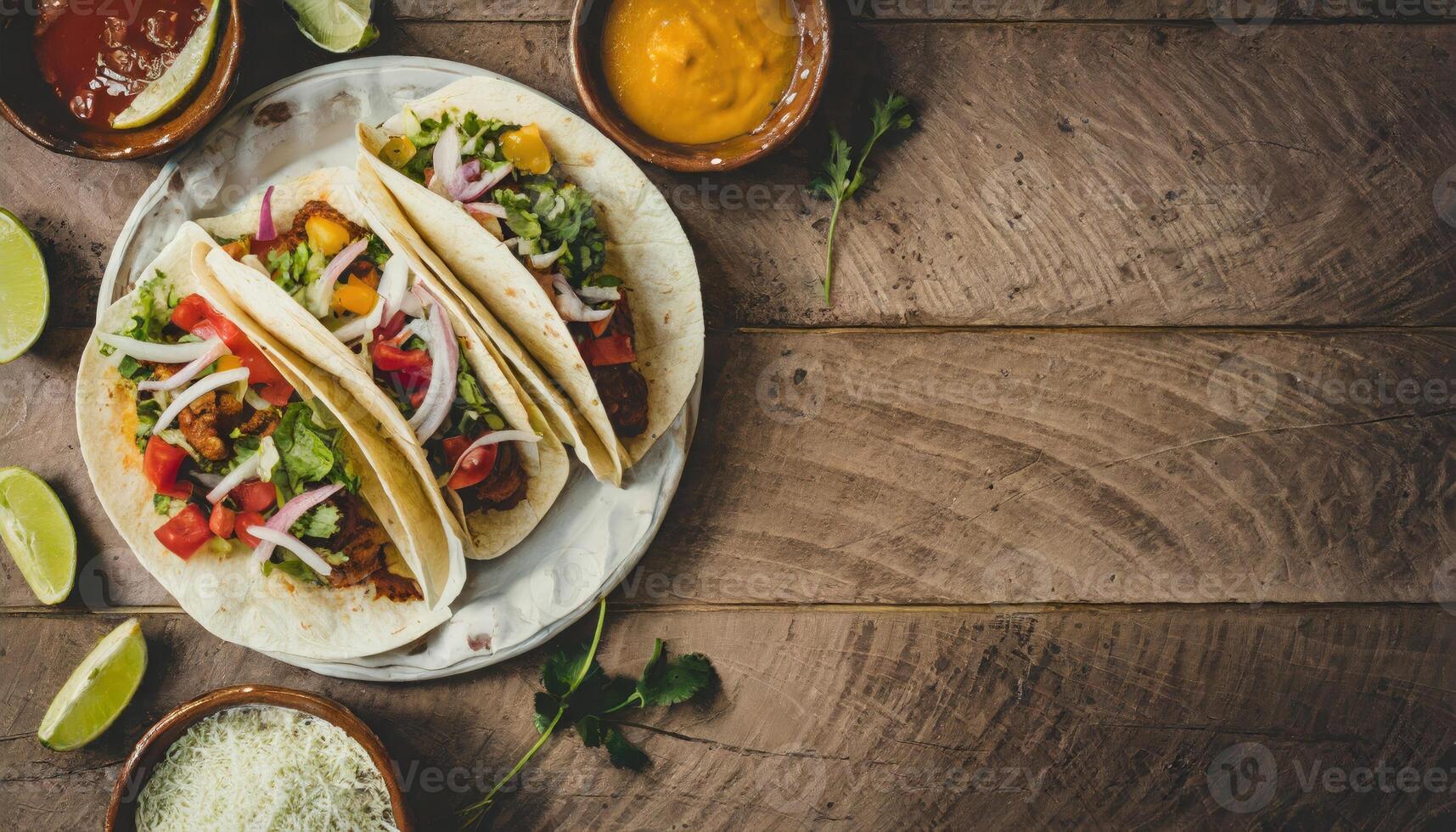 Copy Space image of Taco bar side border with an assortment of ingredients. Top view on a dark wood banner background photo