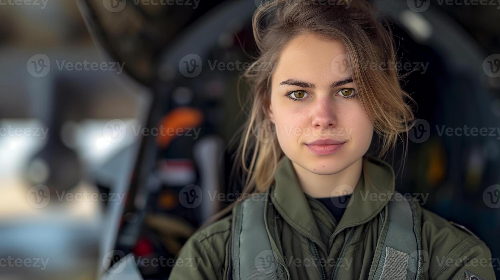 Portrait Of A Female Pilot In Military Uniform Inside Aircraft Hangar Displaying Confidence Strength And Determination Wearing Flight Suit Aviation Career Professional Women In Aviation History photo