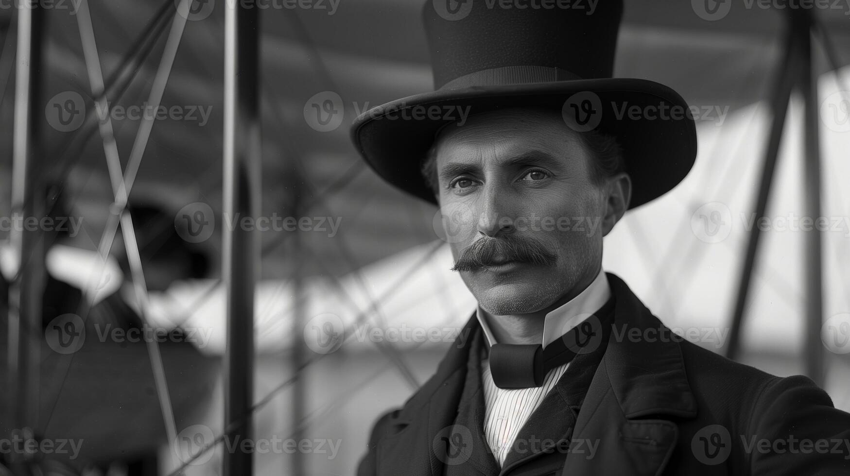 Old Airplane on background, Photo of Vintage Portrait of a Distinguished Man with Mustache, Top Hat in Monochrome, Historical Essence, Dignity, Suitable Period, Classical Style, Historical Exhibitions
