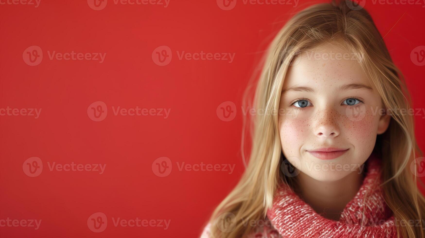Young Blonde Girl with Freckles in Red Sweater Against Red Background, Celebrating Winter and Holiday Season, Captivating Portrait Style, Highlighting Warmth, Coziness, and Joyful Expression photo