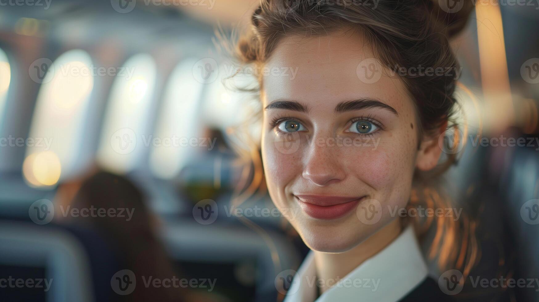 Woman Smiling Mid-Flight on Airplane, Natural Lighting, Relaxed Atmosphere, In-Flight Experience, Travel, Comfort, Portrait, Close-Up, Happy Traveler, Ambient Light, Casual Attire, Flight Attendant photo