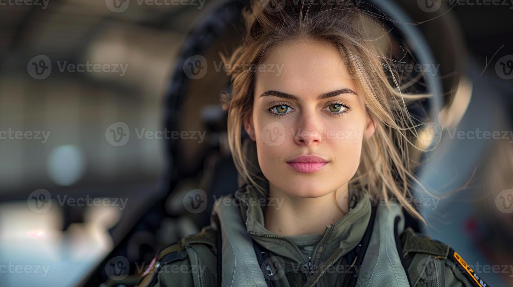 Confident Female Fighter Pilot Portrait In Military Flight Suit, Windy Hair In Hangar With Jet Cockpit Background, Expressive Green Eyes Reflecting Determination And Strength, Aviation Career Concept photo