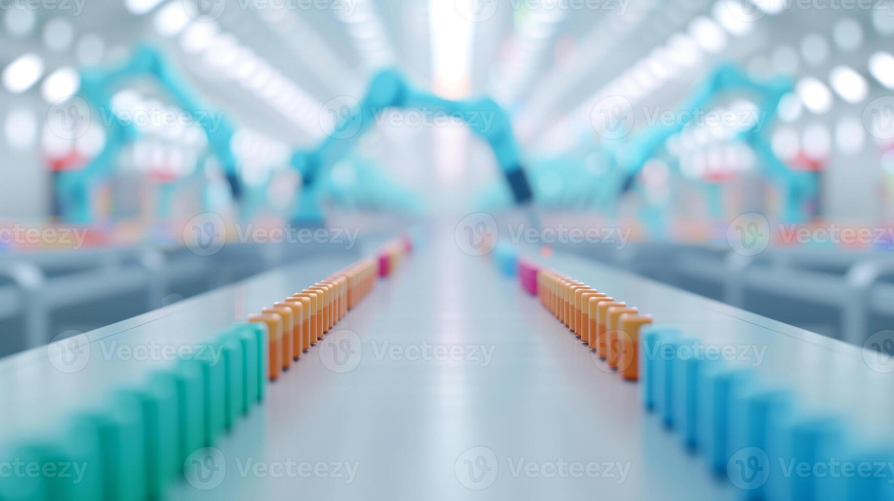 Futuristic Automated Manufacturing Robotic Assembly Line Colorful Parts on Production Conveyor Belt Advanced Industrial Technology High Tech Factory Precision Engineering Modern Automation photo
