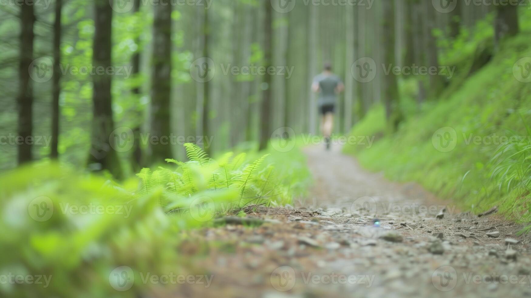 Man Running on Forest Trail Along Fern-Lined Pathway in Lush Green Woods Focusing on Health Fitness and Outdoor Nature Adventure photo