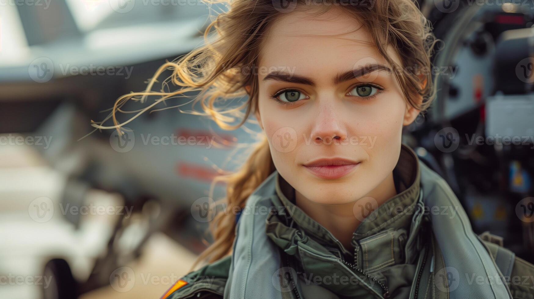 Female Pilot Standing Near Military Fighter Jet With Intense Gaze And Wind-Swept Hair On Airbase In Professional Aviator Uniform photo