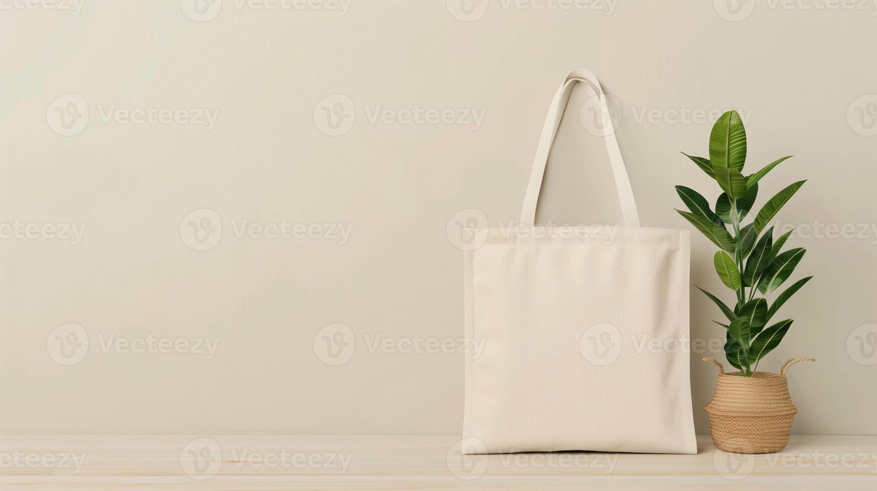 Minimalist Beige Tote Bag Hanging Next to Potted Indoor Plant on Wooden Surface with Neutral Backdrop, Eco-Friendly Reusable Cloth Shopping Bag in Modern Home Decor Setting photo