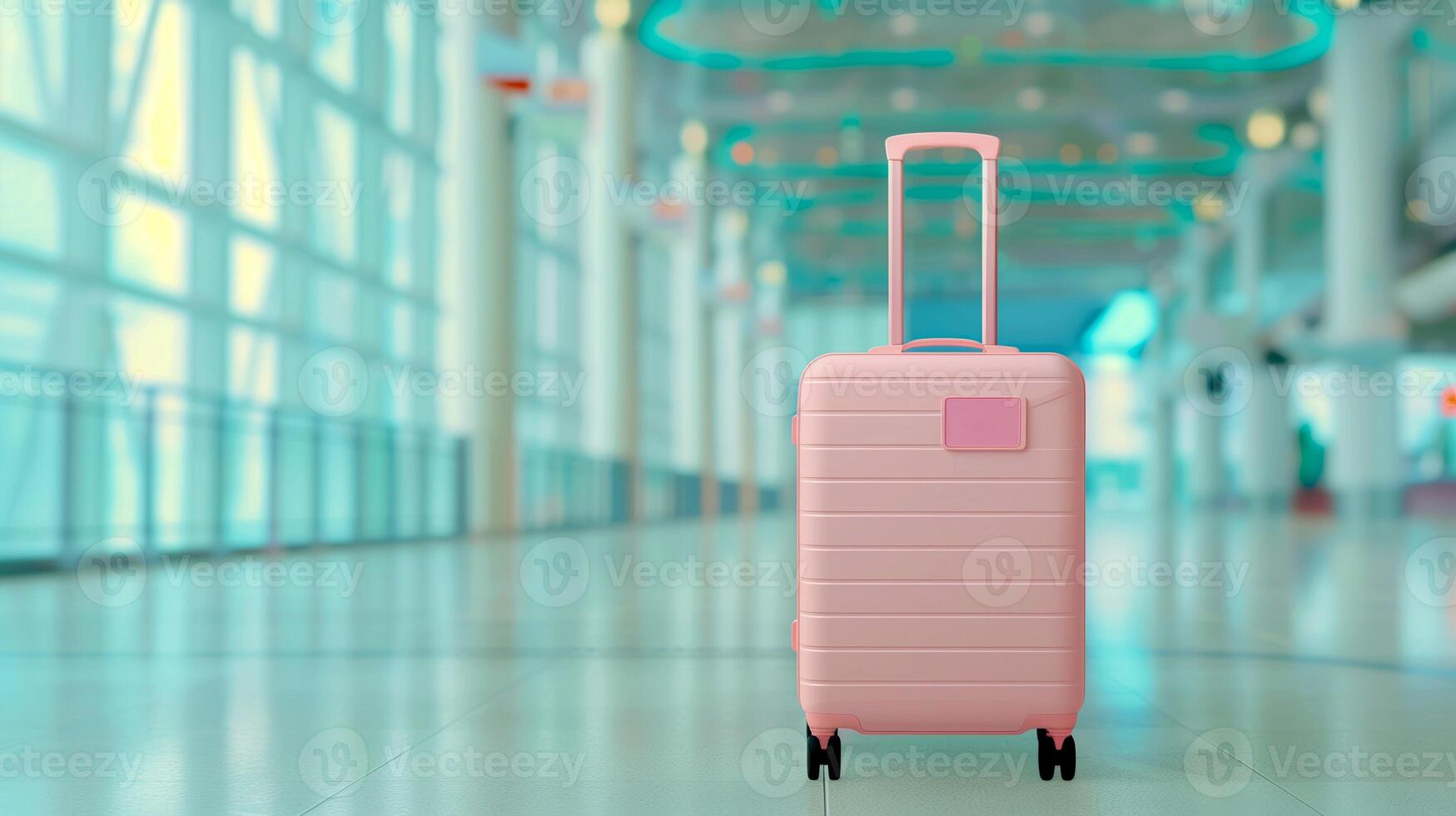 Pink Suitcase in Modern Airport Terminal With Contemporary Design, Empty Airport Hallway, Daytime Travel Scene, Luggage Waiting for Departure, Bright Lighting, Vacation Ready photo