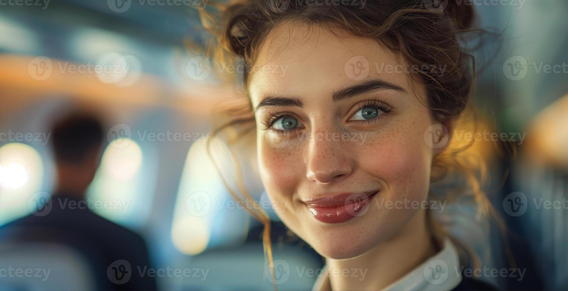 Woman Smiling Inside Airplane Cabin Focused on Passenger Seat with Airplane Interior Background Business Casual Relaxed Travel Vibes, Professional Female Flight Attendant photo