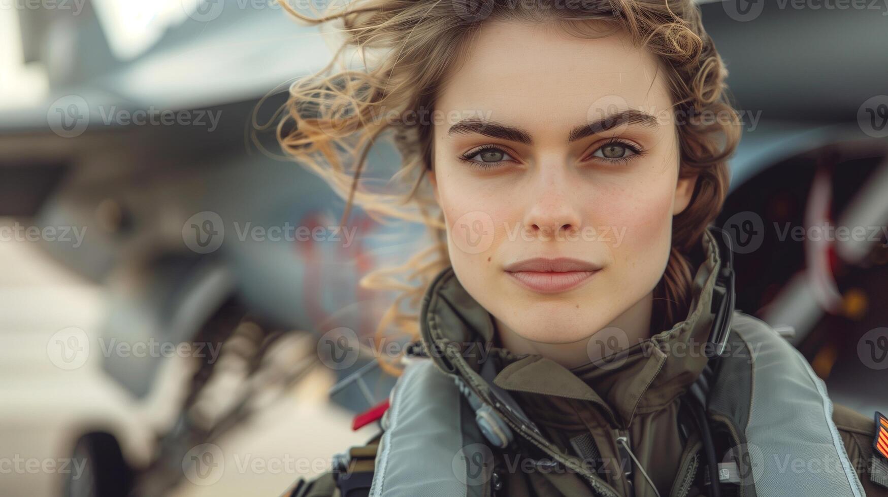 Captivating Portrait of Confident Female Pilot With Wind-Swept Hair and Military Jet in Background, Emphasizing Strength and Determination in Aviation, Outdoors, Daylight photo