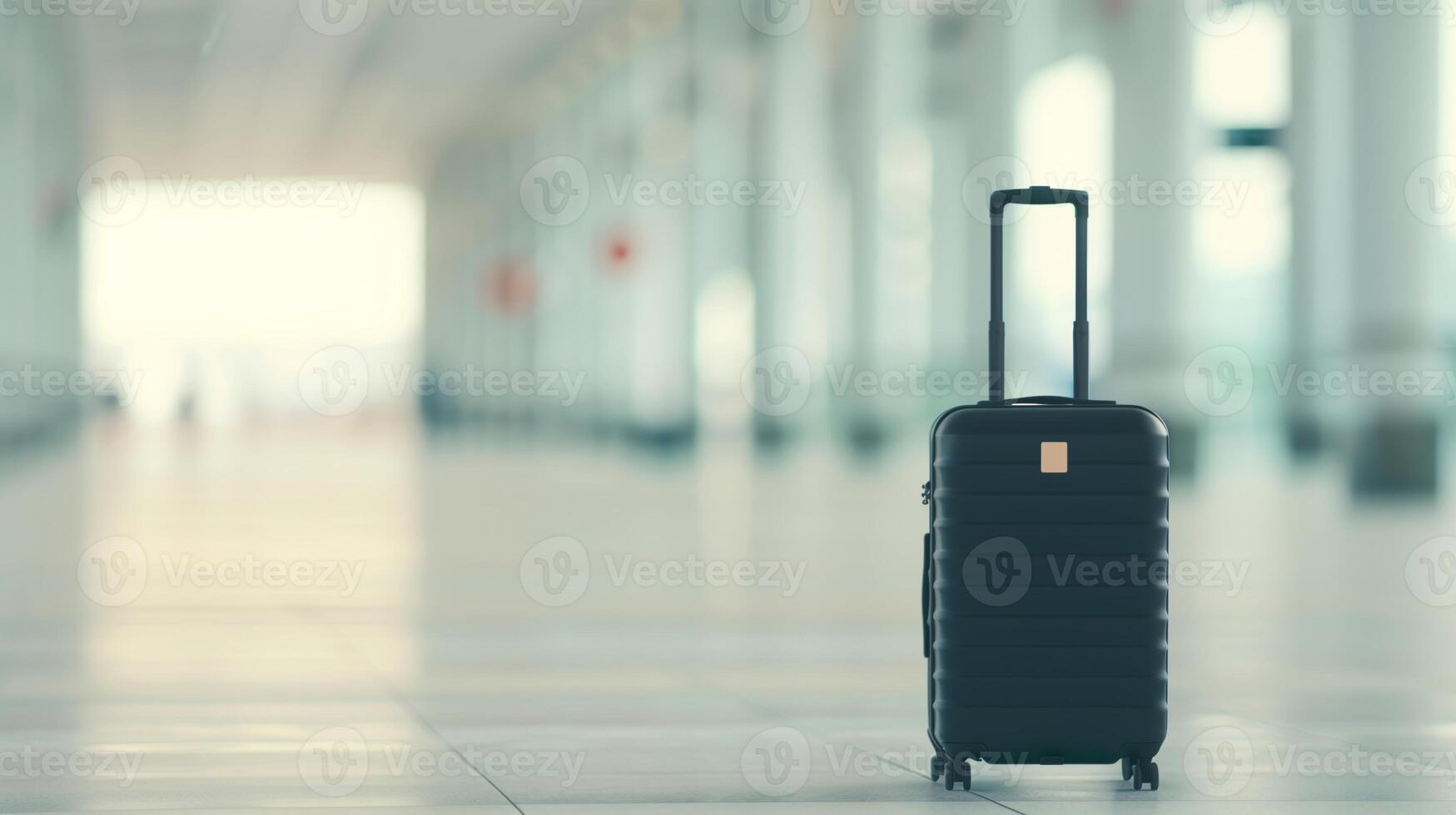 Stylish Black Suitcase In An Empty Airport Terminal Hallway With Blurred Background, Suggesting Travel And Adventure During Holiday Season photo