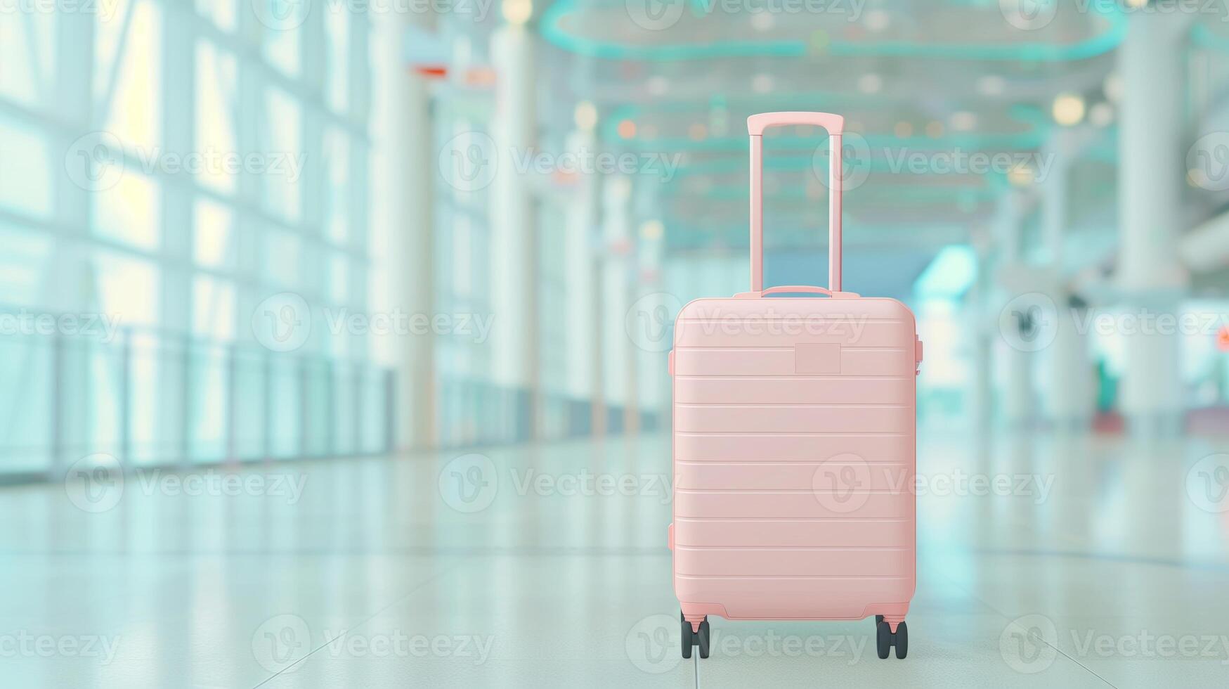 Lightweight Pink Suitcase in Modern Airport Terminal With Sunlight and Blurred Background for Travel, Transportation, Vacation. photo