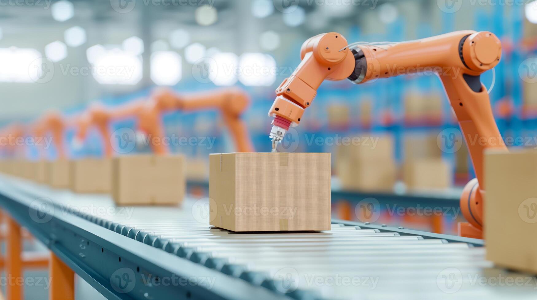 Automated Robotic Arm on Conveyor Belt in Modern Warehouse Sorting and Packaging Boxes for Efficient Logistics and Shipping Process photo