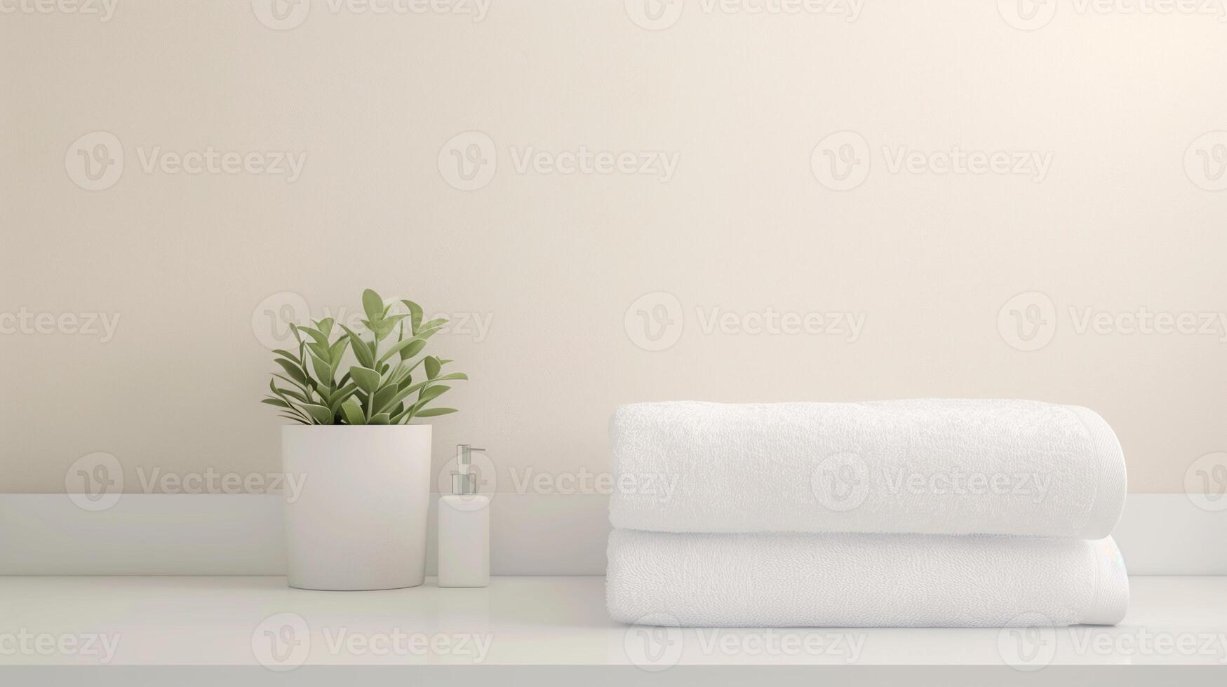 Tranquil Minimalist Bathroom Decor with White Towels, Potted Plant, and Soap Dispenser on White Countertop photo