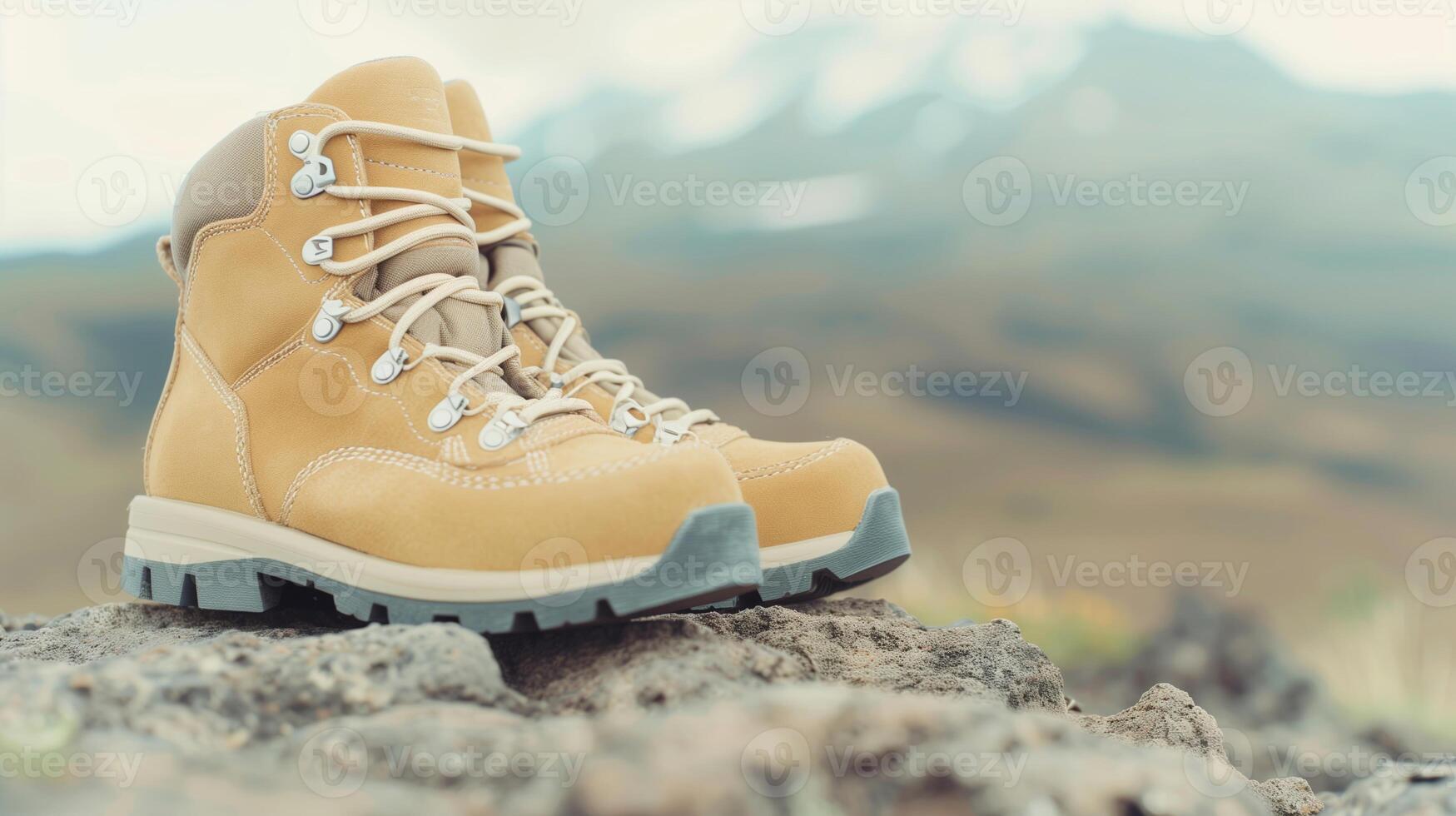 Sturdy Hiking Boots on Rocky Terrain with Mountain View in Background, Perfect for Outdoor Adventure and Nature Enthusiasts photo