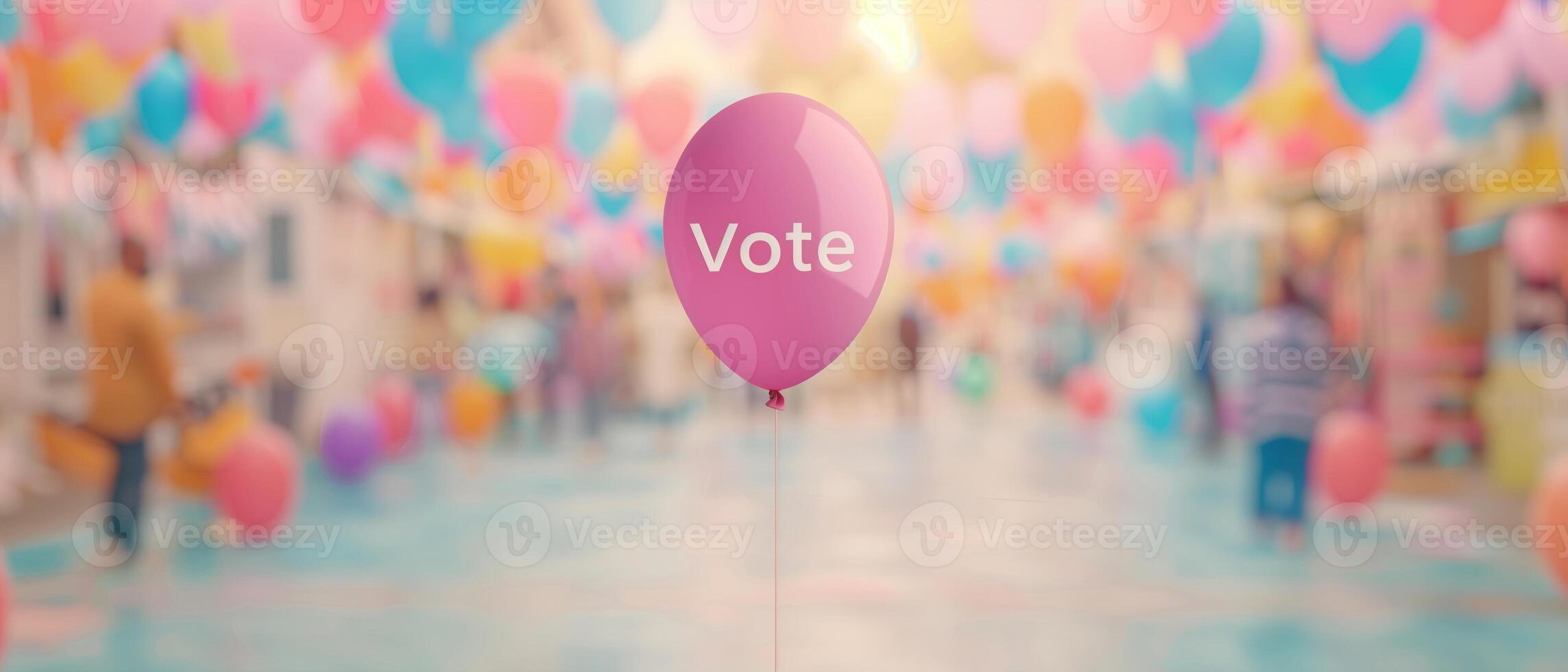 Pink Balloon with Vote Text in a Festive and Colorful Environment with Blurred Background Crowded with Balloons and People photo