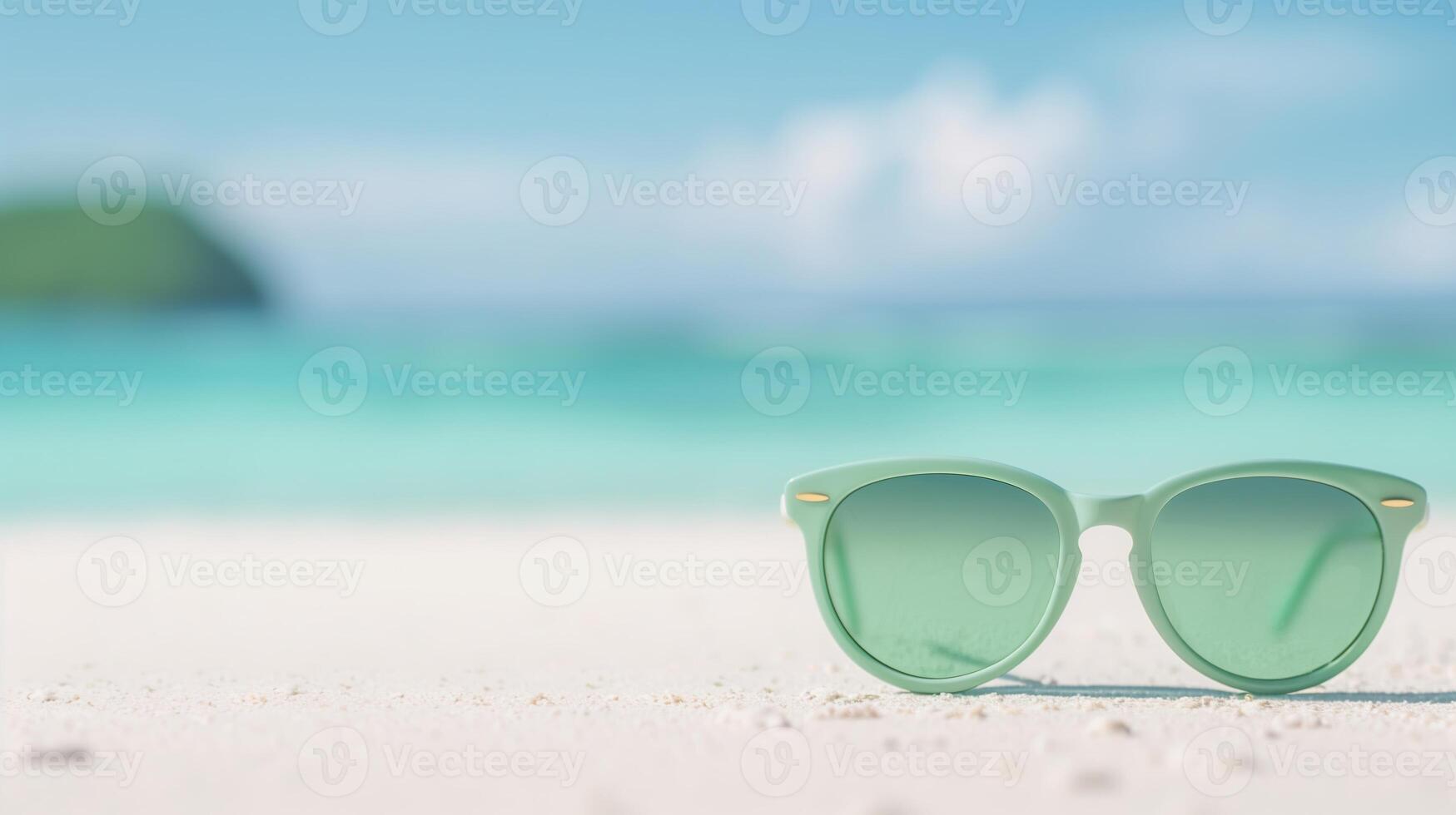 Stylish Green Sunglasses on Pristine Tropical Beach with Turquoise Sea Background and White Sand, Ideal for Summer Vacation, Coastal Getaway, or Resort Ad Campaigns photo