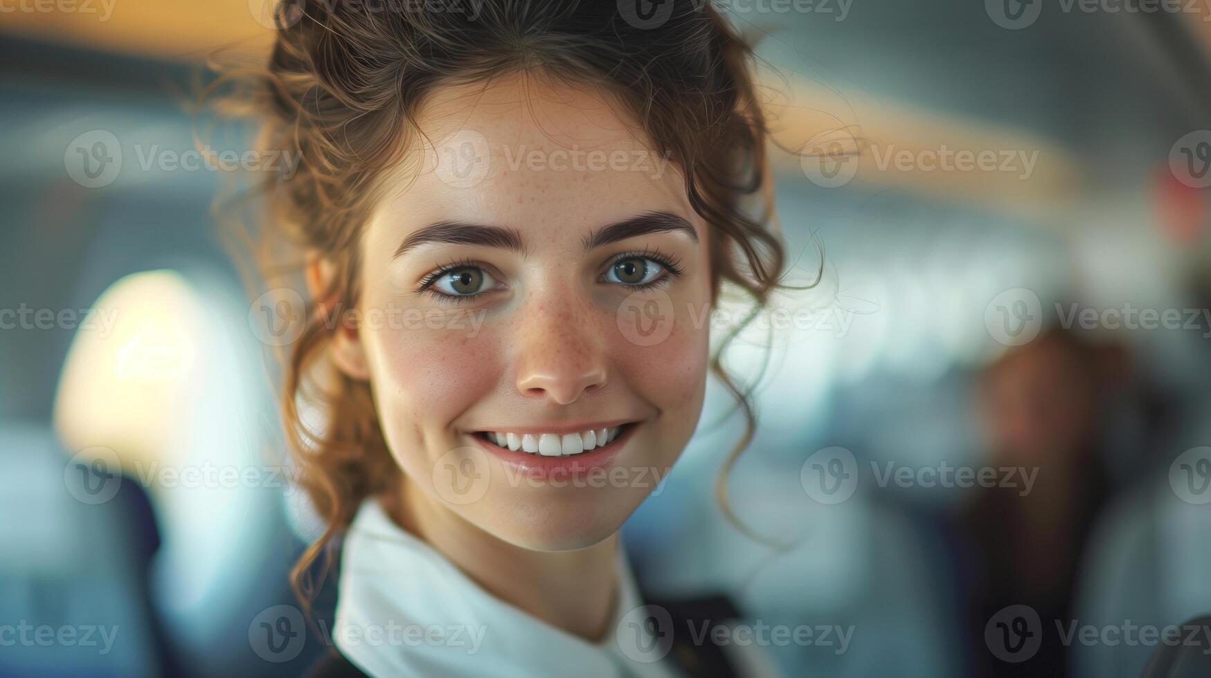 Flight Attendant Woman Curly Hair in Airplane Cabin, Bright Natural Light, Freckles, Casual Attire, Travel, Journey, Optimistic Expression, In-Flight Experience, Modern Transportation, Happy Passenger photo