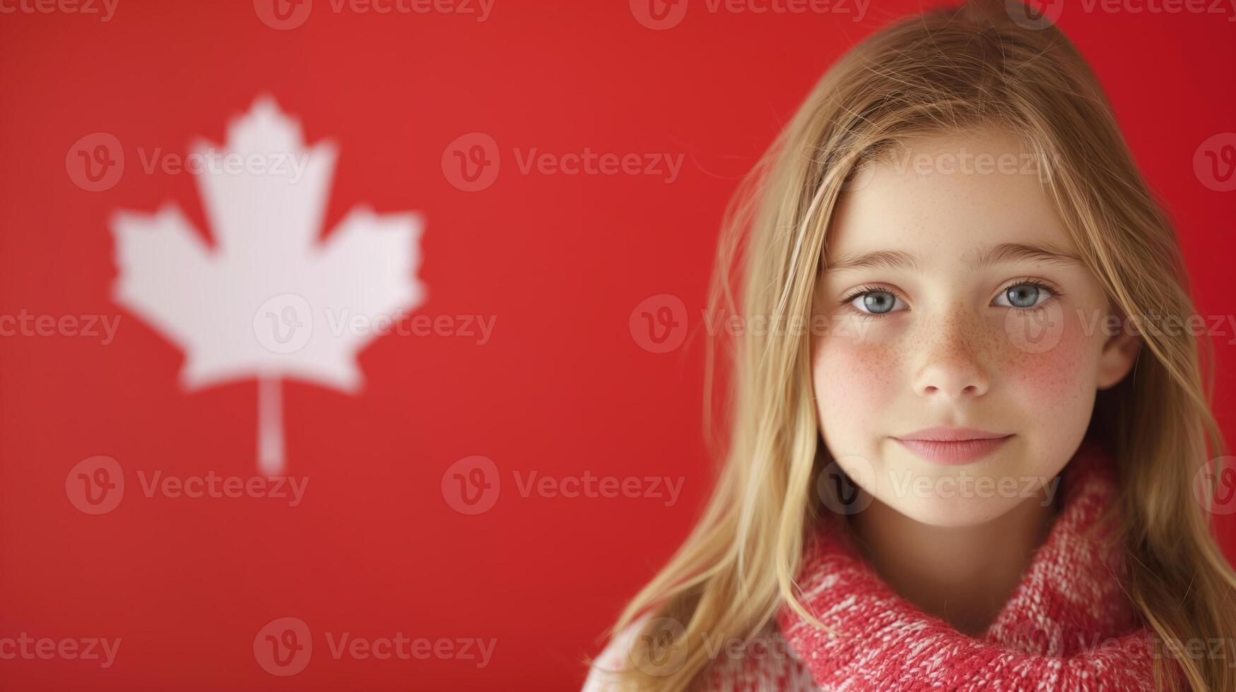 Portrait of a Young Girl with Freckles in Red Scarf Against Canadian Flag Background. Canada Day Concept. photo