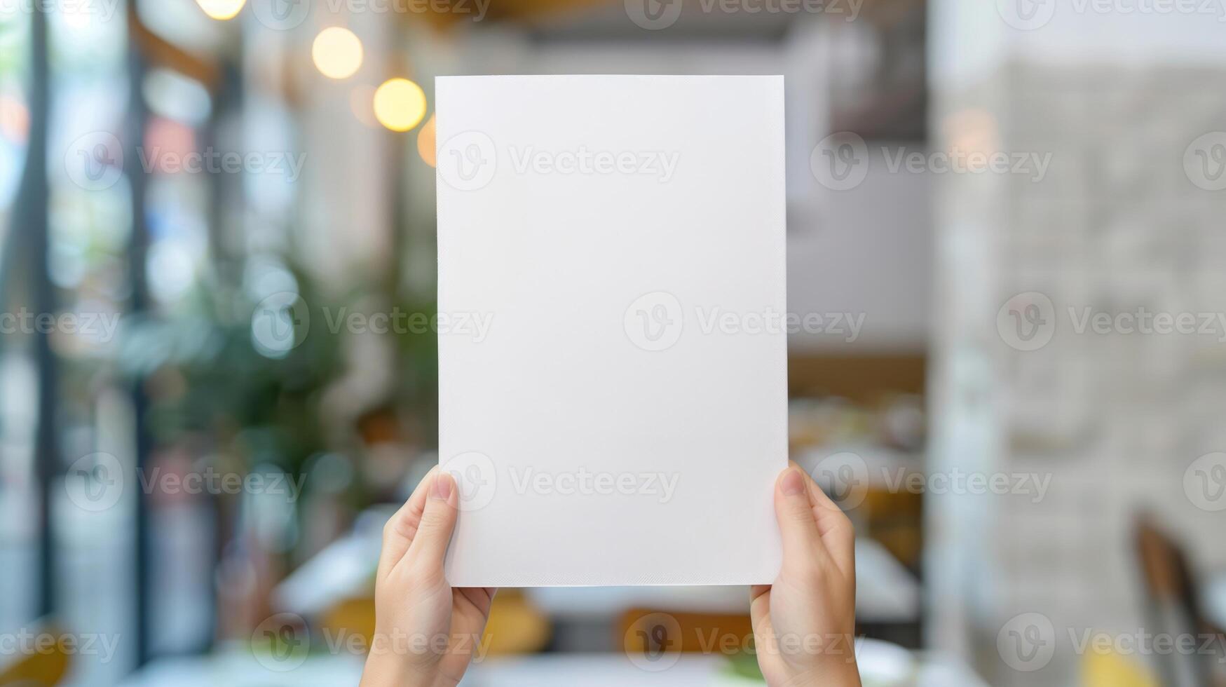 Blank White Paper Held by Hands in Restaurant Interior with Blurred Lights and Plants for Menu Design, Advertising, or Presentation Mockup, Daylight Setting, Vertical Orientation photo