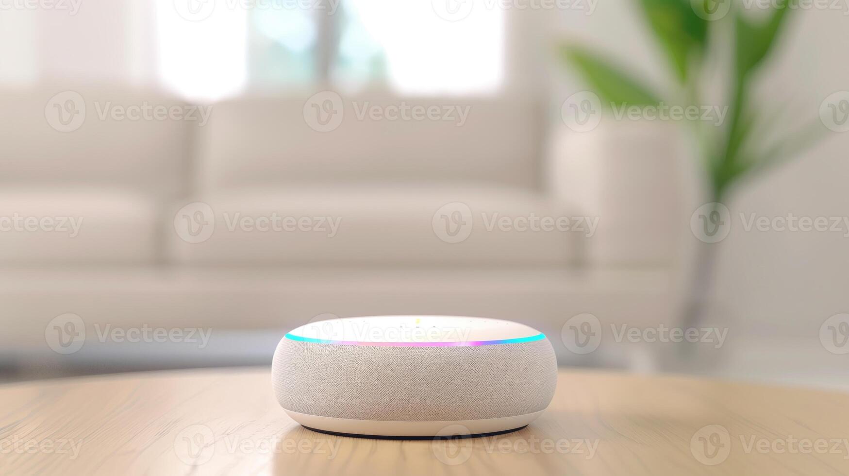 Smart Home Device on Wooden Table with Cozy Modern Living Room Background, Minimalist Interior, Technology in Daily Life, Home Automation Concept photo