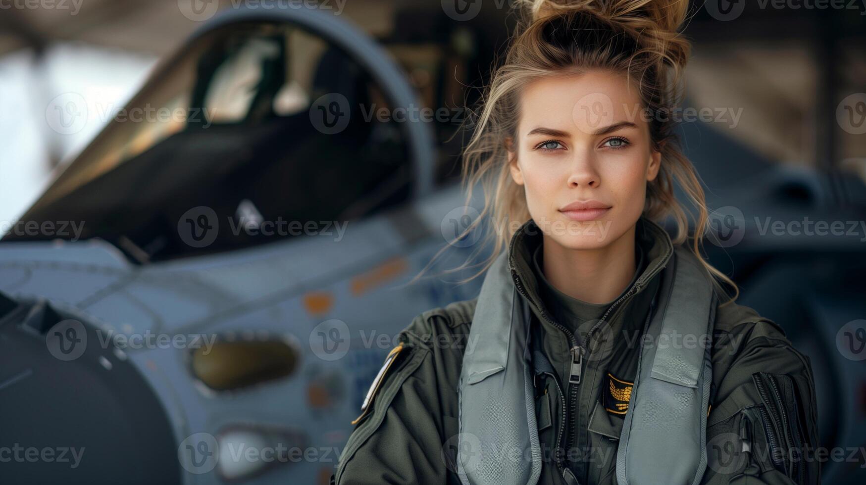 Confident Female Pilot in Military Uniform Standing Beside Jet Fighter Plane in Aircraft Hangar photo