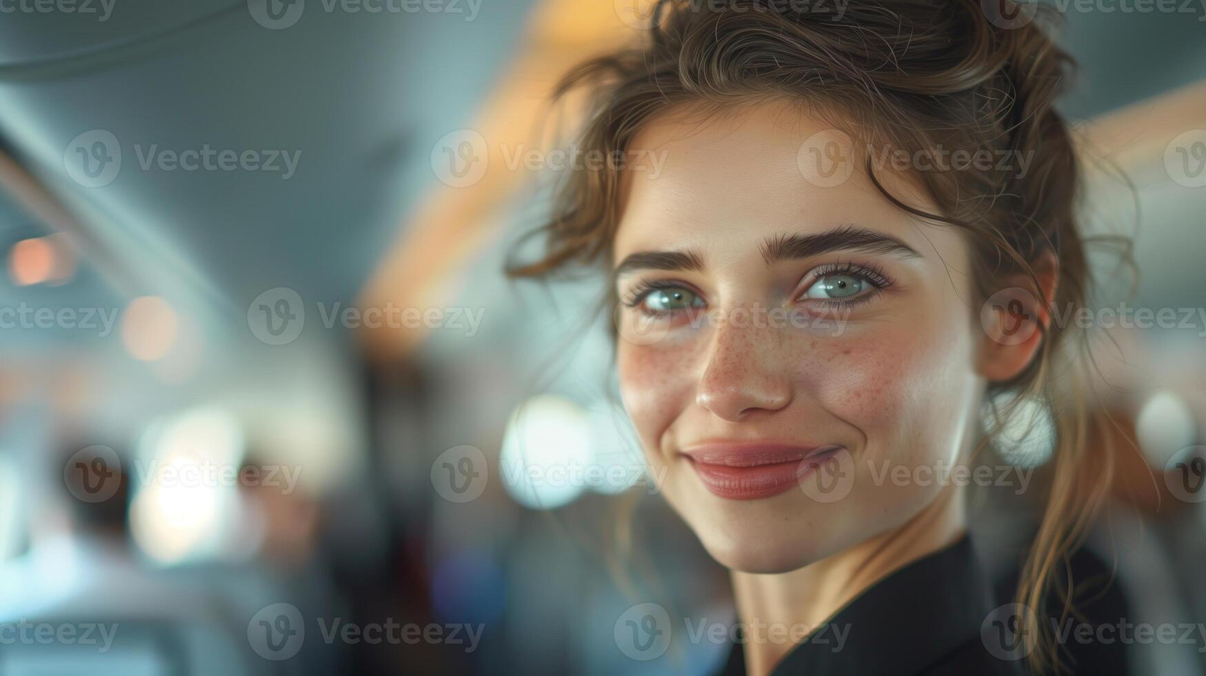 Businesswoman Smiling Inside Airplane Cabin, Natural Light Highlights, Soft Background Blur, Candid Travel Photography, Warm Ambiance, Mid-Flight Experience, Real-Life Moment photo