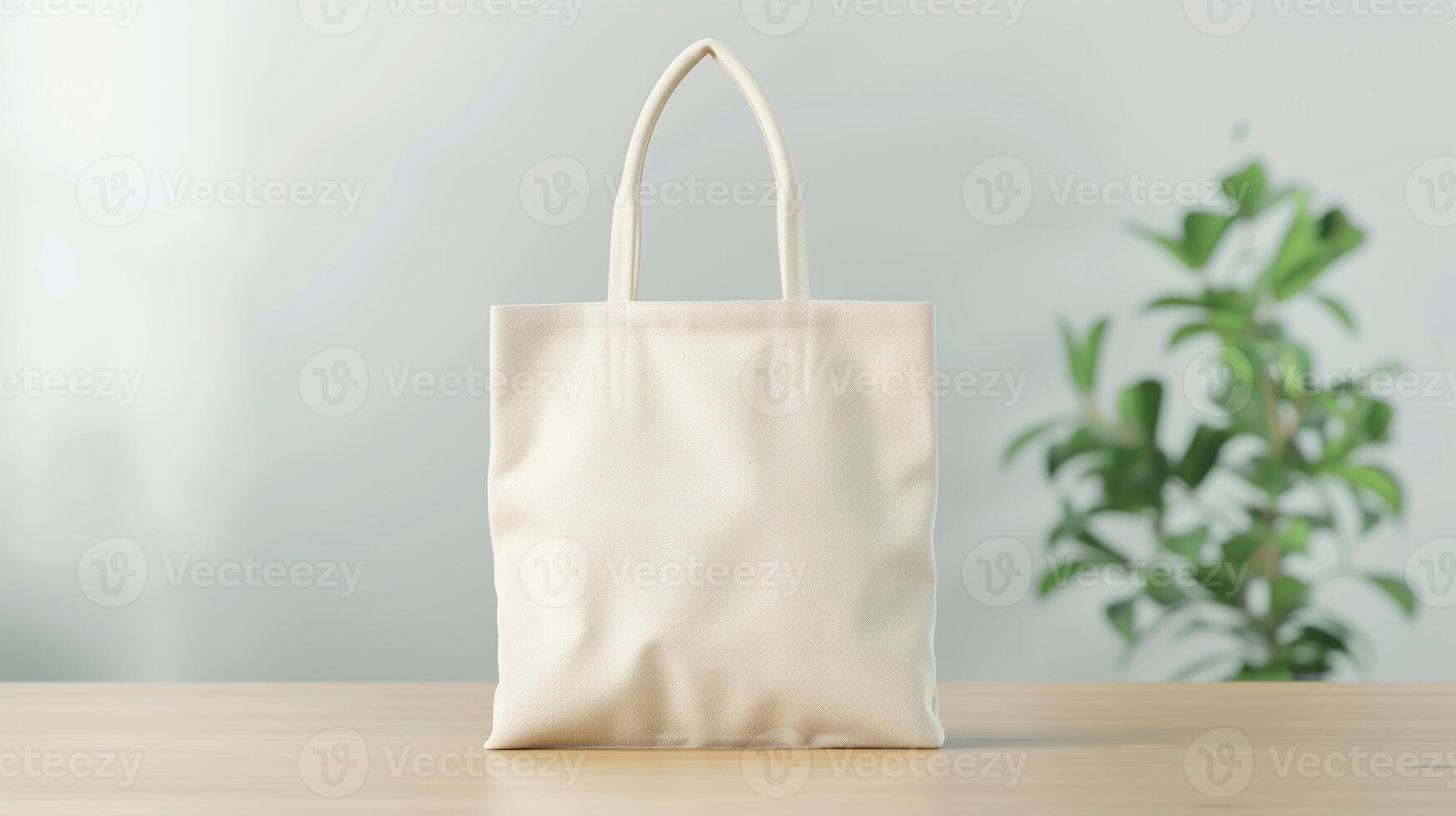 Eco-Friendly White Canvas Tote Bag on Wooden Table Against Blurred Indoor Plant Background with Ambient Natural Light for Sustainable Shopping or Promotional Use photo
