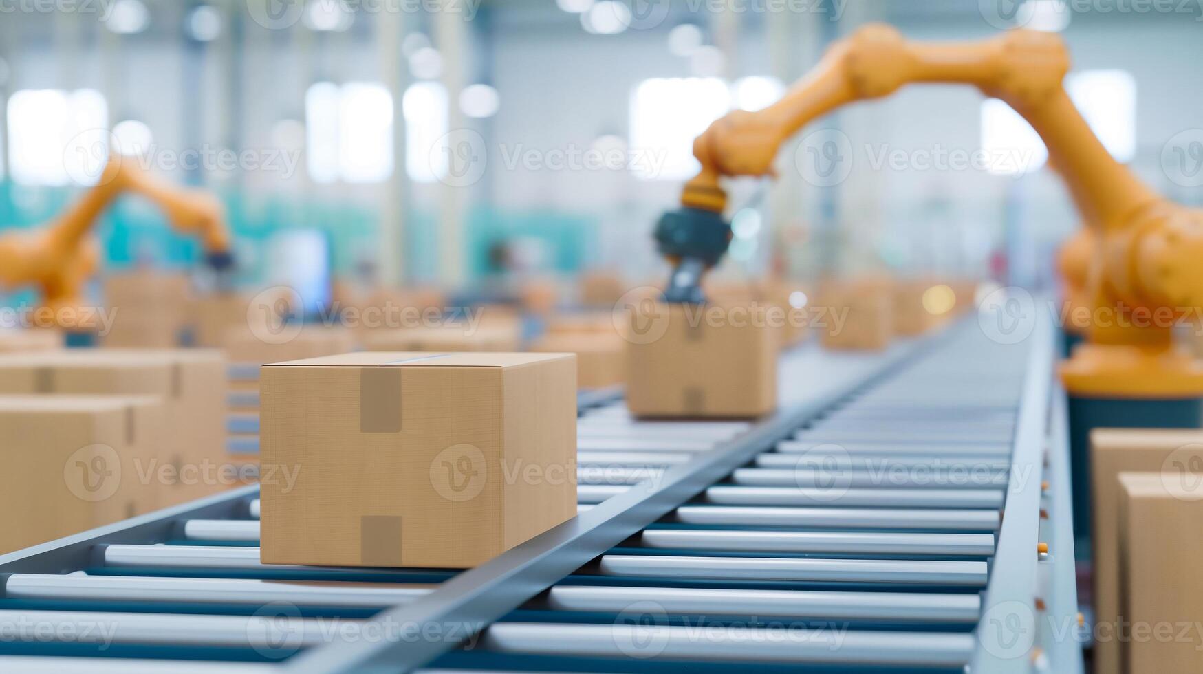 Advanced Automated Warehouse With Robotic Arms Handling Boxes on Conveyor Belt for Efficient Order Fulfillment and Inventory Management in a Modern Distribution Center photo