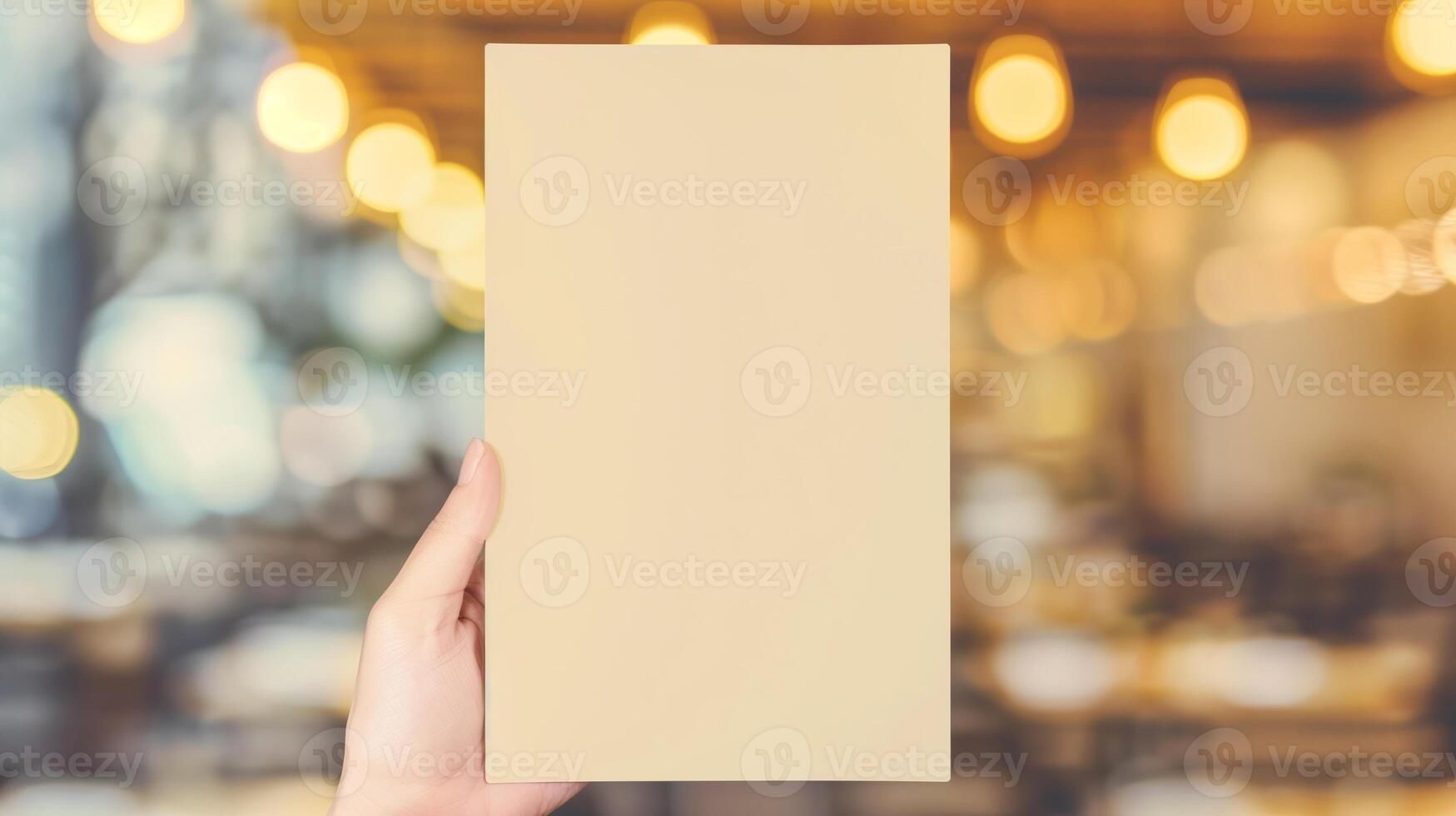 Person Holding Blank Sign Board with Blurred Restaurant Background for Mockups and Social Media Presentations, Bright Light Bokeh, Yellow Tones, Marketing Templates, and Advertising Designs photo