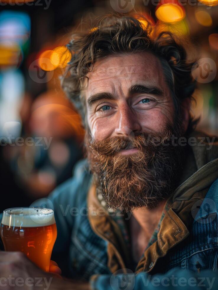 Warm Bearded Man Enjoys Craft Beer in Cozy Rustic Pub with Ambient Lighting and Warm Tones, International Beer Day Celebration. photo