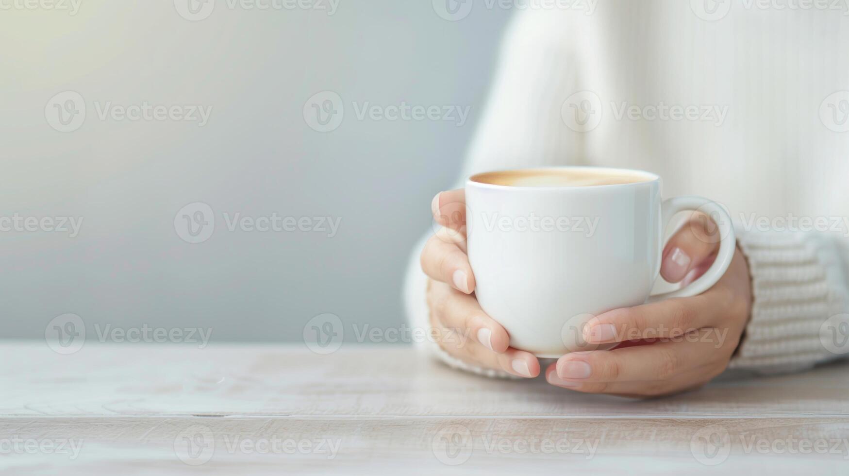 Cozy Winter Morning With Hands Holding Warm Coffee Mug, Minimalistic Hygge Lifestyle Scene, Perfect For Relaxation And Mindfulness Concept, Calm Atmosphere With Soft Light and Warm Tones photo