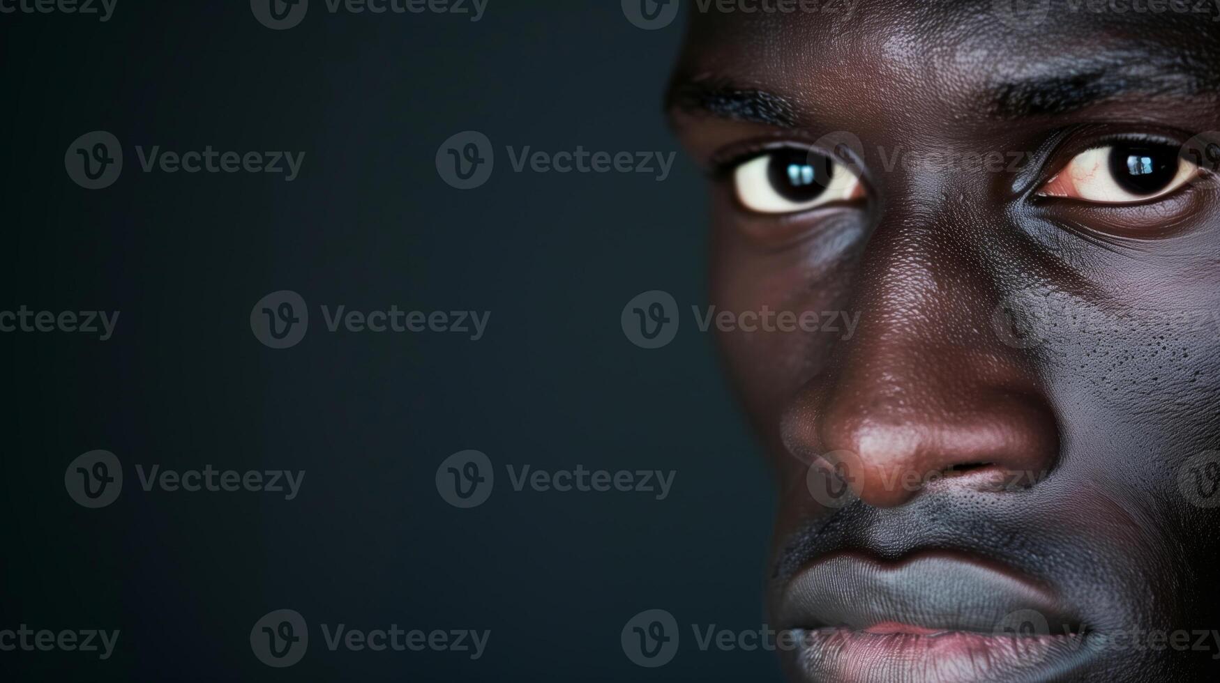 Portrait of A Man with Dark Skin, Intense Gaze, Side Profile, Studio Lighting Against Dark Background, Focus on Eyes and Facial Features, Expressive Emotions, Textured Skin Detail, High-Contrast photo