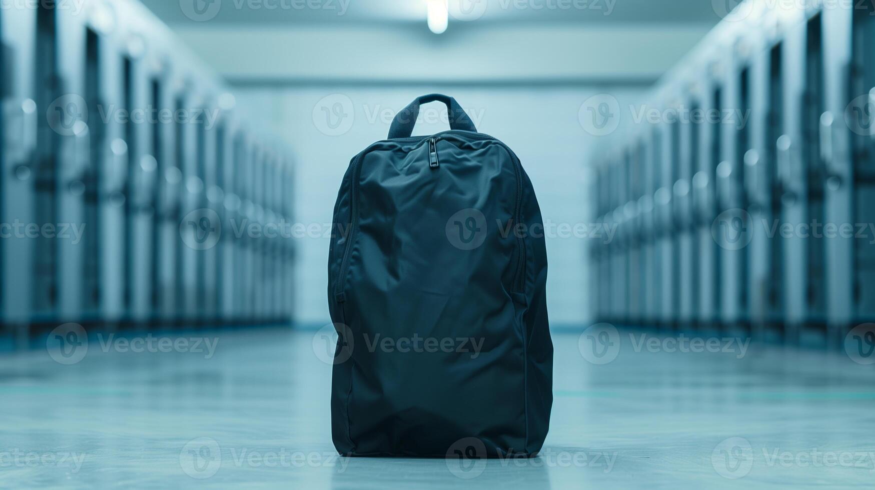 Black Backpack in Modern Locker Room with Symmetrical Rows of Grey Lockers and Blue Lighting, Minimalist Design Reflecting Urban Lifestyle, Travel and Daily Commute Essentials, Strong School Symbolism photo