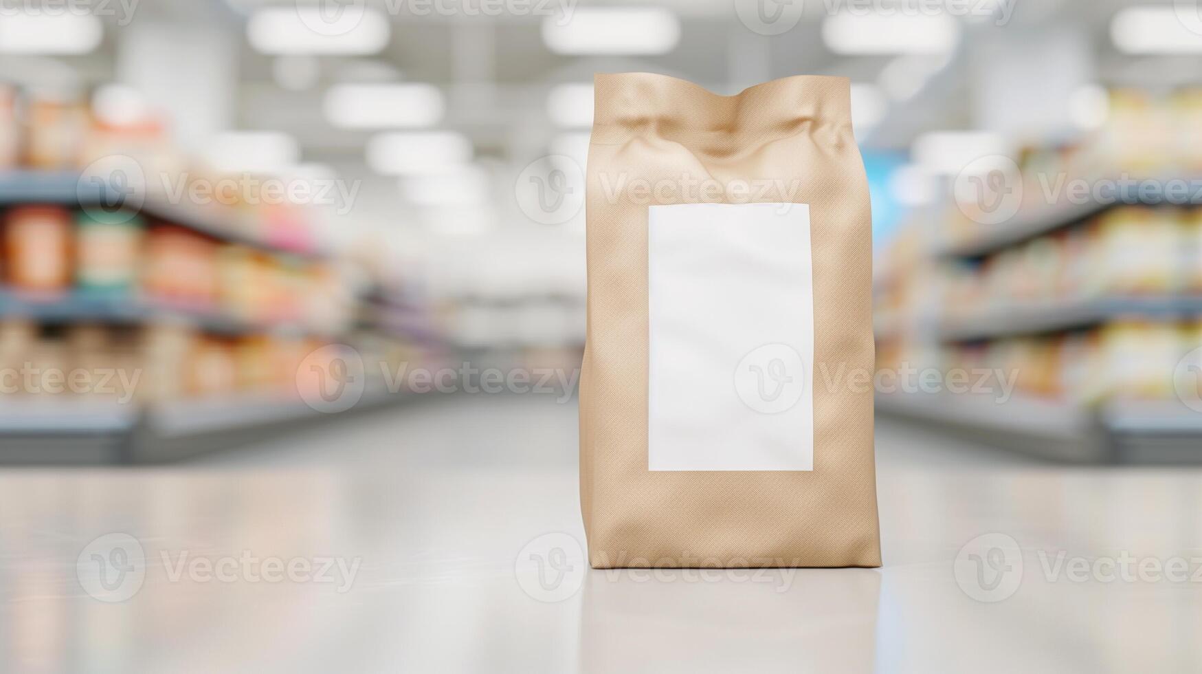 Brown Paper Bag Mockup in Grocery Store Aisle, Blank White Label, Supermarket Shopping Concept, Packaging Design, Food Product Presentation, Shelf Focus photo