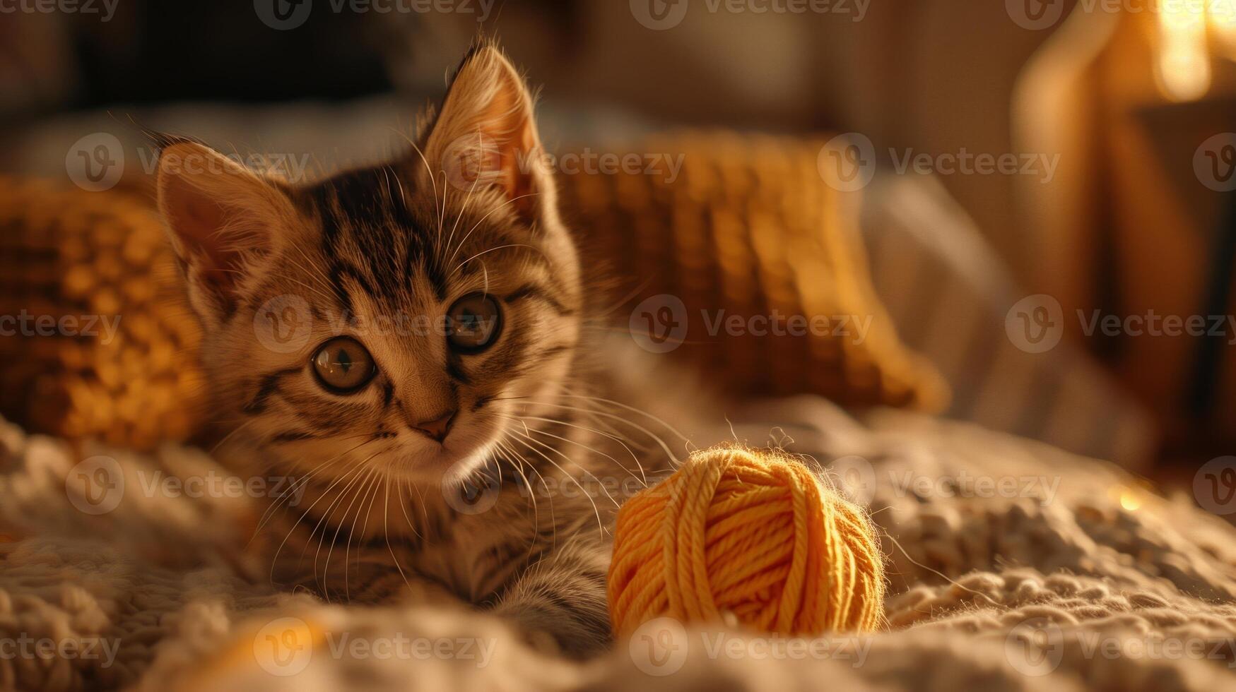 Cute Tabby Kitten with Yarn Ball on Cozy Knitted Blanket in Warm Ambient Light Perfect for Autumn and Holiday Decor photo