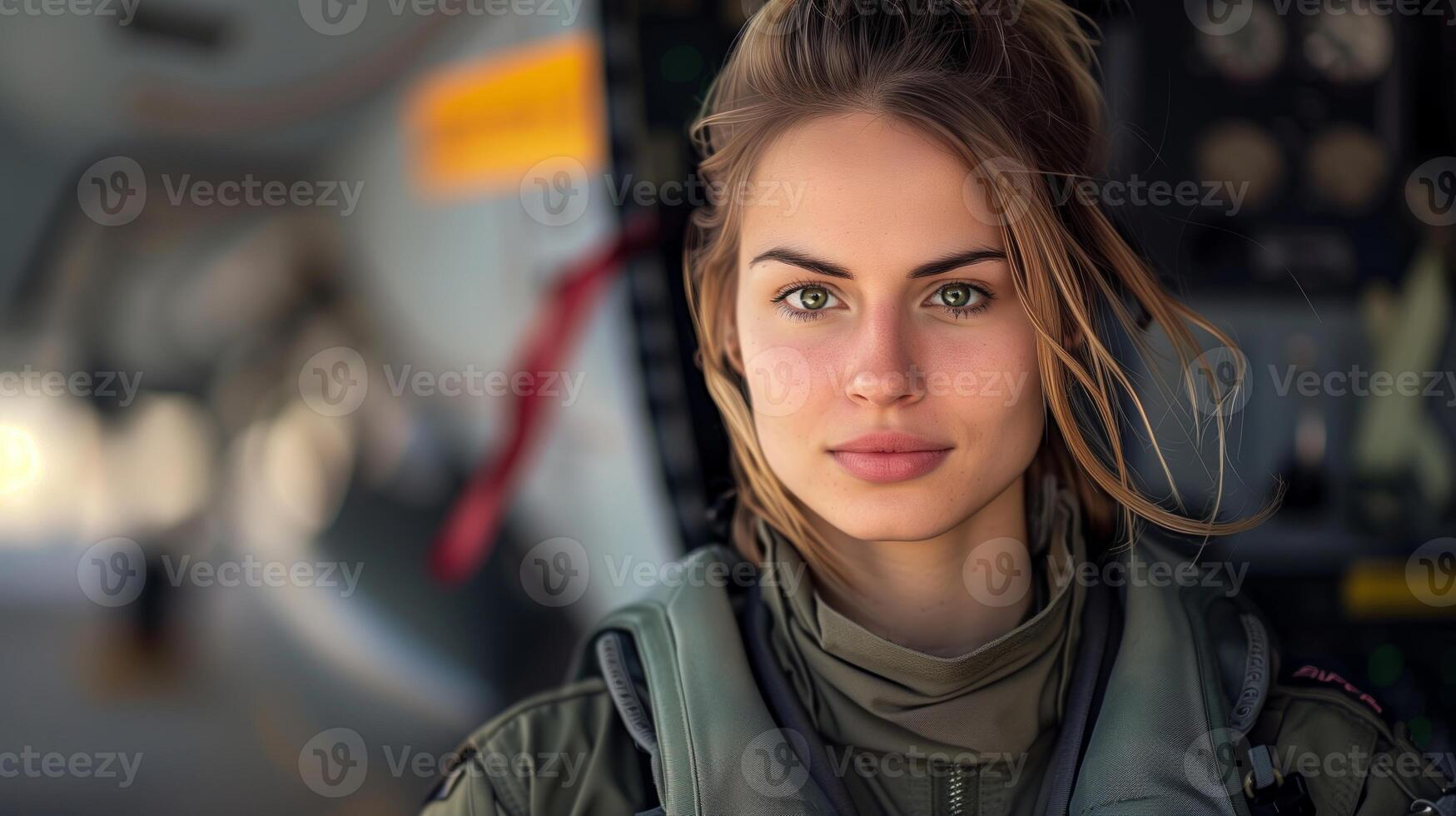 Female Aviator in Military Gear Standing in Aircraft Cockpit, Preparing for Flight Mission, Intense Focus and Determination, Aviation Enthusiast in Professional Uniform, Ready for Action photo