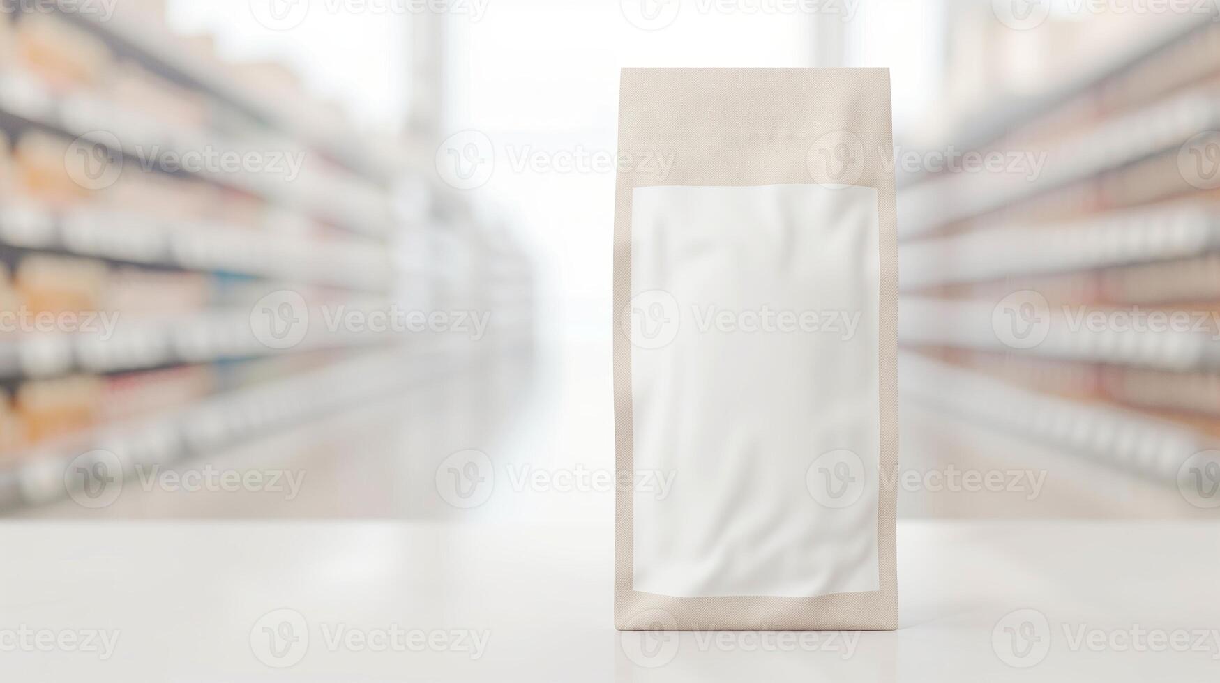 Blank White Coffee Bag in Grocery Store Aisle for Product Mockup, Packaging Design, Retail Presentation, or Branding Concept, Ideal for Coffee, Tea, Spices, and Food Items with Soft Focus Background photo