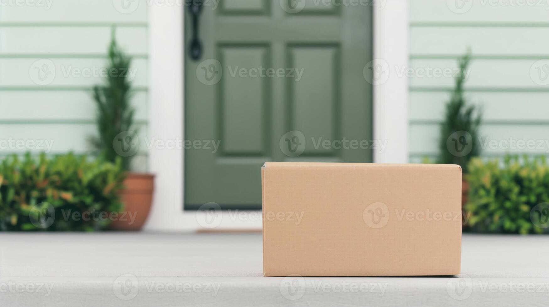 Delivery Package on Doorstep of Suburban Home with Green Door and Plants, E-commerce Concept for Online Shopping, Contactless Delivery, and Convenience photo