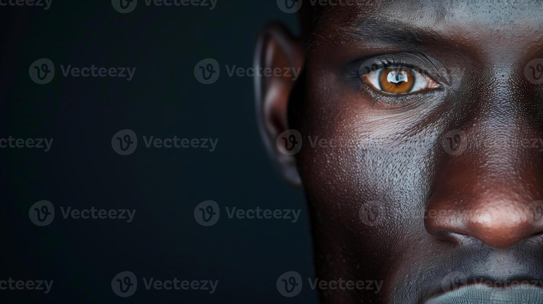 Close-Up Portrait African American Man's Face in Low-Light Setting with Emphasis on Eye, High-Resolution Detail of Skin Texture, Dramatic and Moody Lighting in Studio Photography photo
