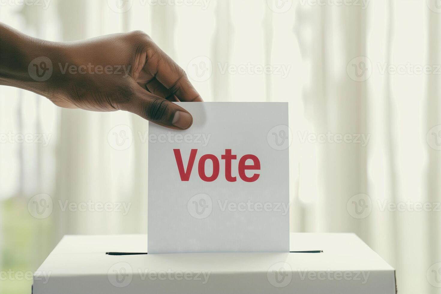 Hand Placing Vote Card in Ballot Box with Vote Text in Election Concept, Democracy Process, Political Participation, Government Voting, Civic Duty Image, Close-Up photo