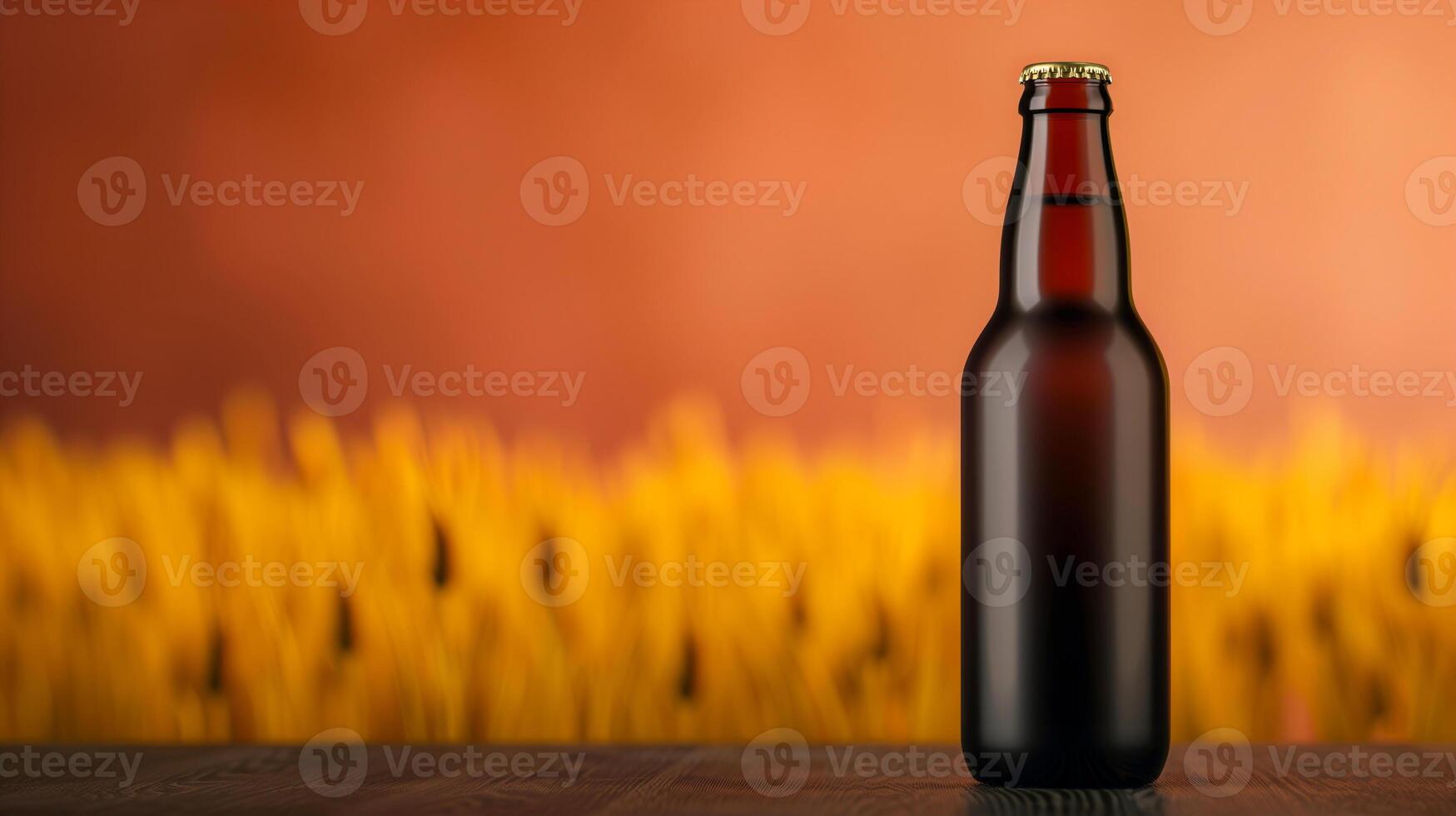 Dark Beer Bottle on Rustic Wooden Table with Golden Wheat Field and Warm Sunset Background, Autumn Harvest Season Beverage Concept, Ideal for Brewery Advertising, Farm-to-Table Promotions photo