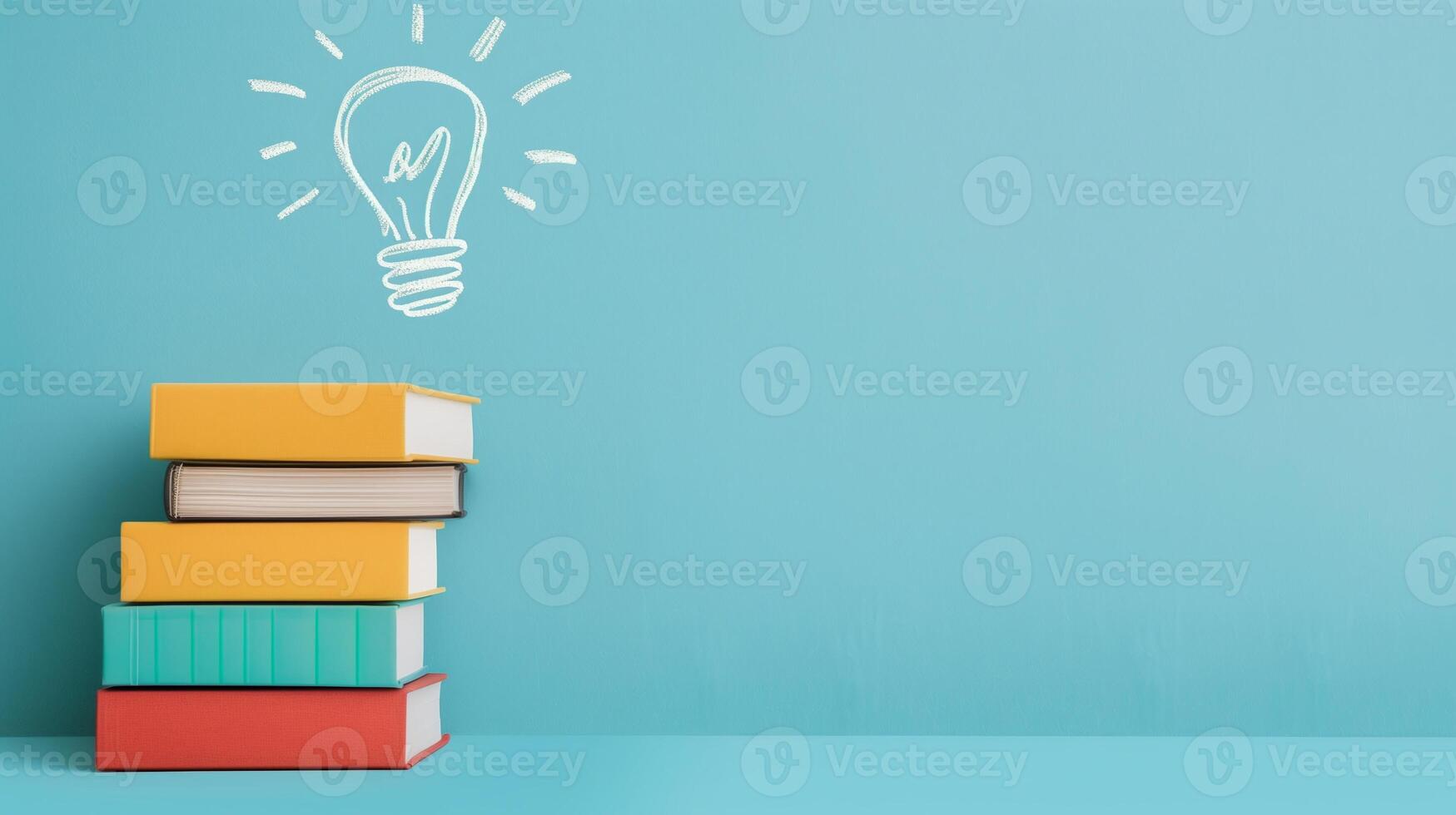Stack of Colorful Books With White Light Bulb Drawing on Bright Blue Background for Education and Innovation Concept photo