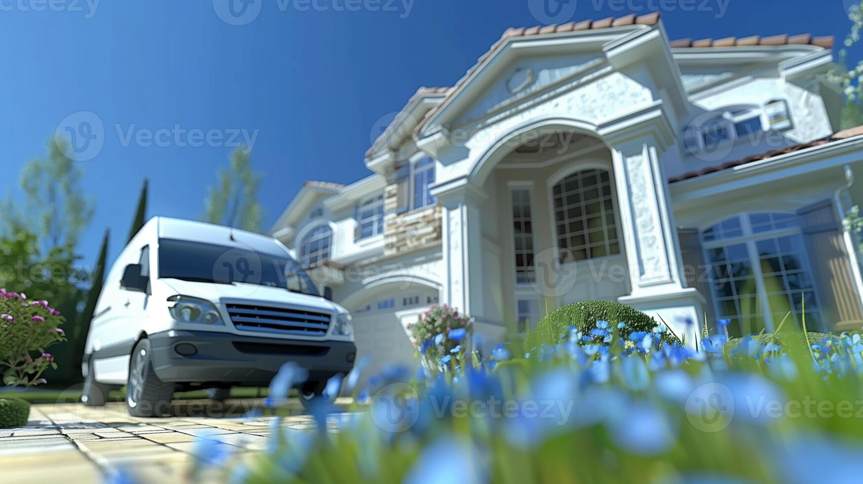 Luxury Van Parked Outside Modern Mediterranean Mansion with Manicured Garden and Blue Sky in Background photo