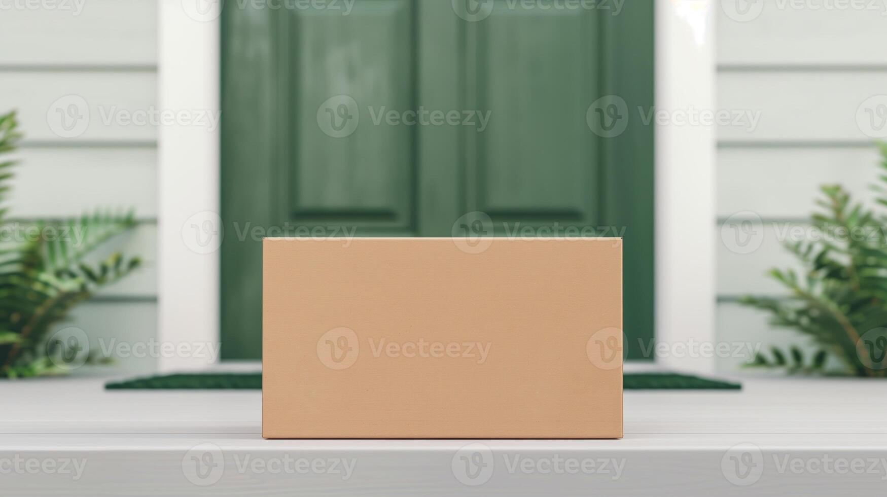 Delivery Service Concept Mockup Cardboard Package On Doorstep Of Green Front Door Of Modern House With Plants And White Siding - Home Delivery Parcel Concept photo