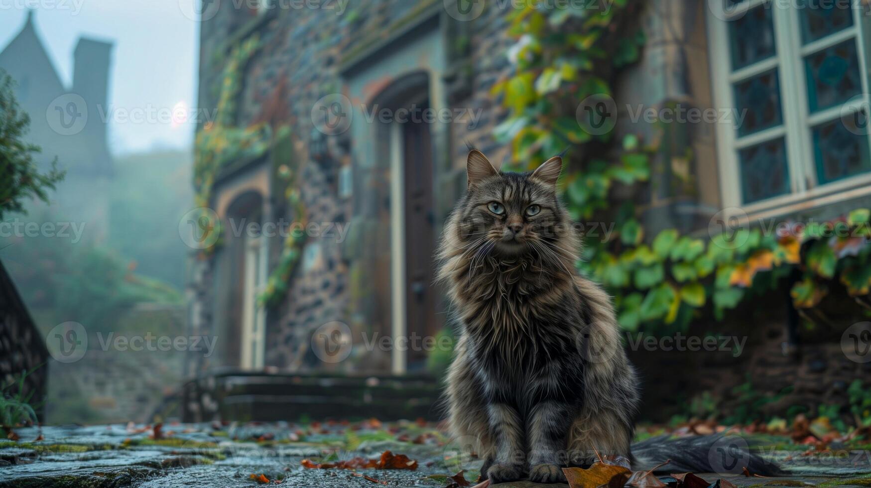 Fluffy Maine Coon Cat Sitting in Historical Village Alleyway Surrounded by Cobblestone, Ivy-Covered Walls, and Vibrant Fall Foliage photo