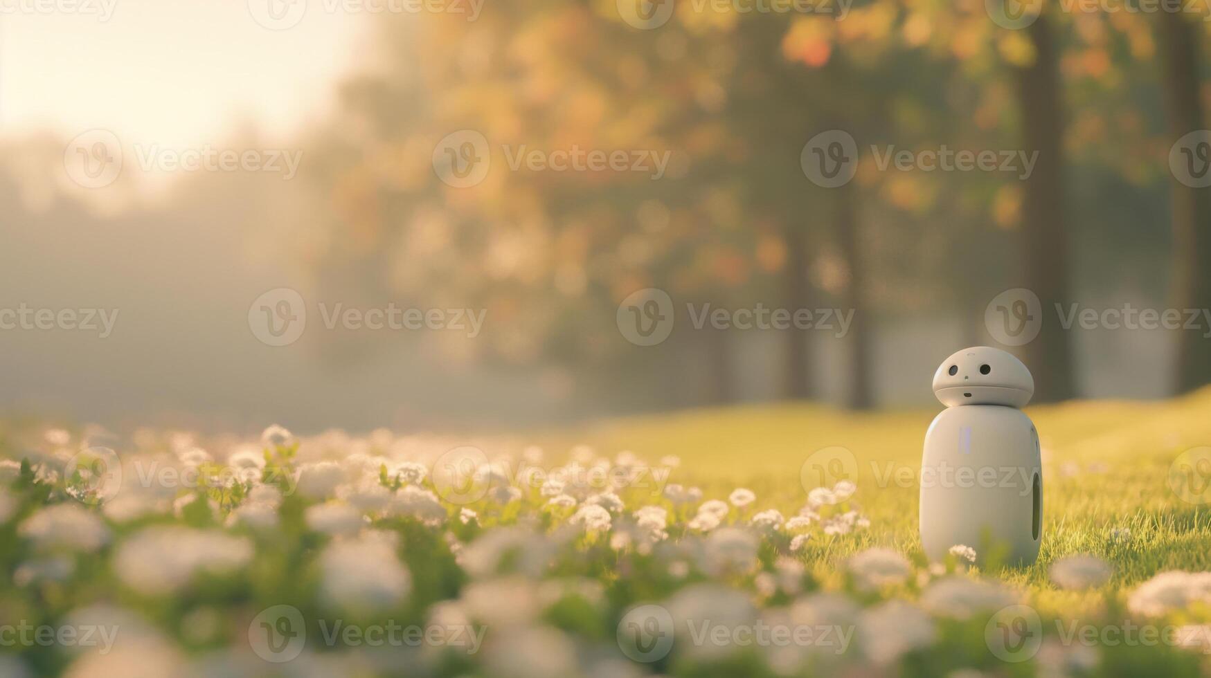 Adorable Robot in Sunlit Meadow with White Flowers and Autumn Trees in Background Captures Blend of Technology and Nature photo