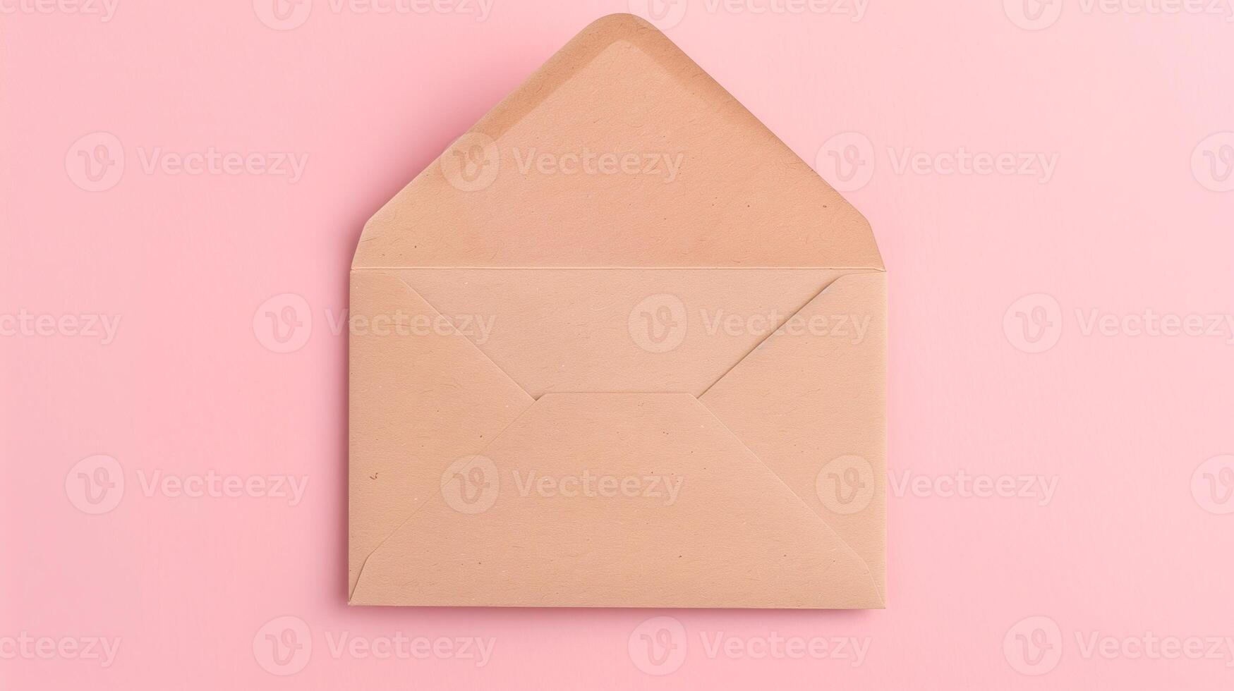 Minimalist Brown Envelope on Pastel Pink Background, Open Flap, Flat Lay Photography, Stationery Design, Soft Colors for Spring and Summer photo