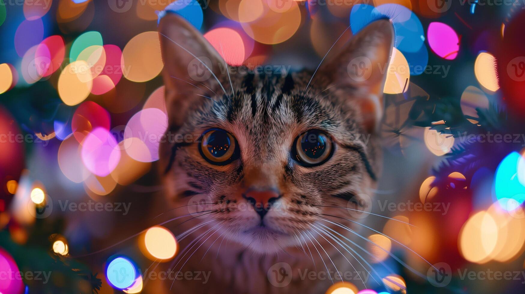 Curious Cat with Festive Christmas Lights in Bokeh Background, Vibrant Holiday Scene with Playful Feline, Colorful Seasonal Decorations, Celebratory Atmosphere photo