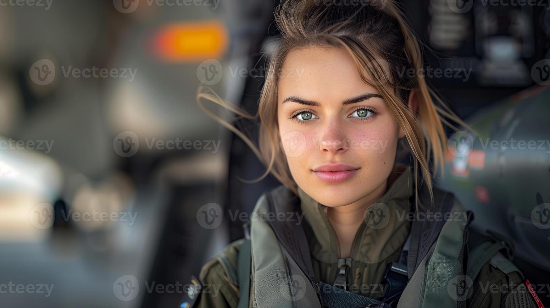 Portrait of Female Air Force Pilot in Uniform with Military Aircraft Background, Focused Expression, Commitment to Duty, Aviation Career, Strength and Courage, Blurred Background Effect photo