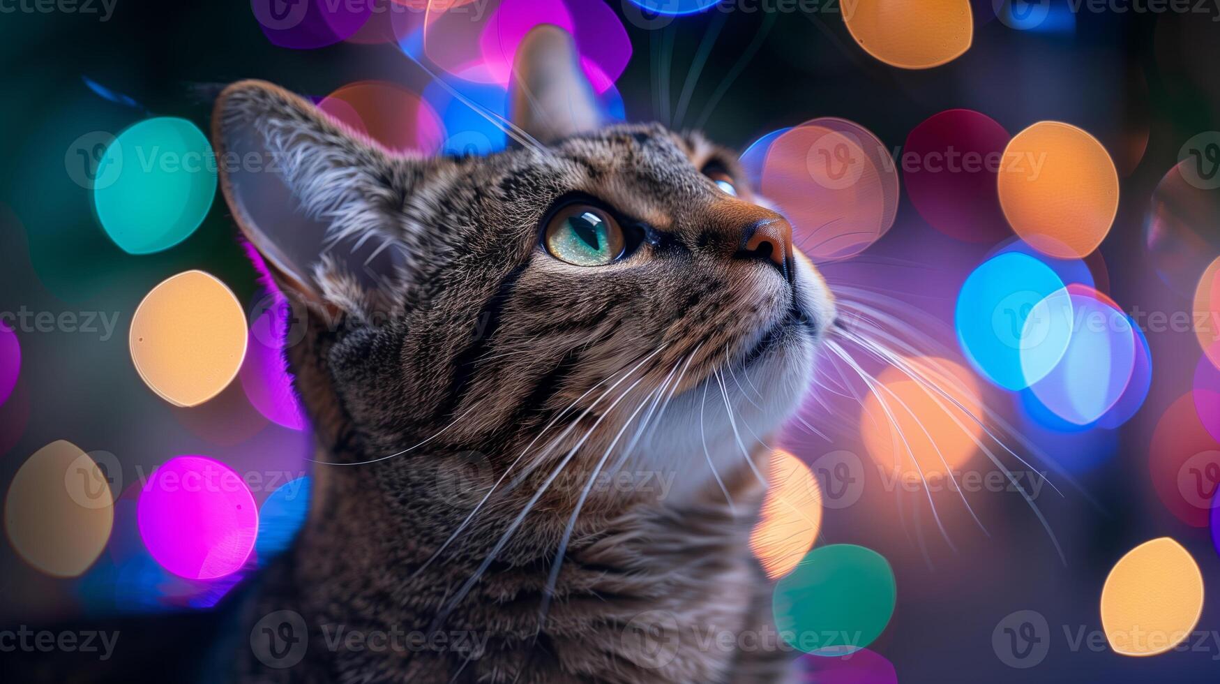 Festive Holiday Cat Against Colorful Bokeh Lights, Celebrating Christmas With Bright Orbs and Soft Focus, Ideal for Festive Occasions and Cheerful Settings, Portraying a Cat in a Magical Moment photo